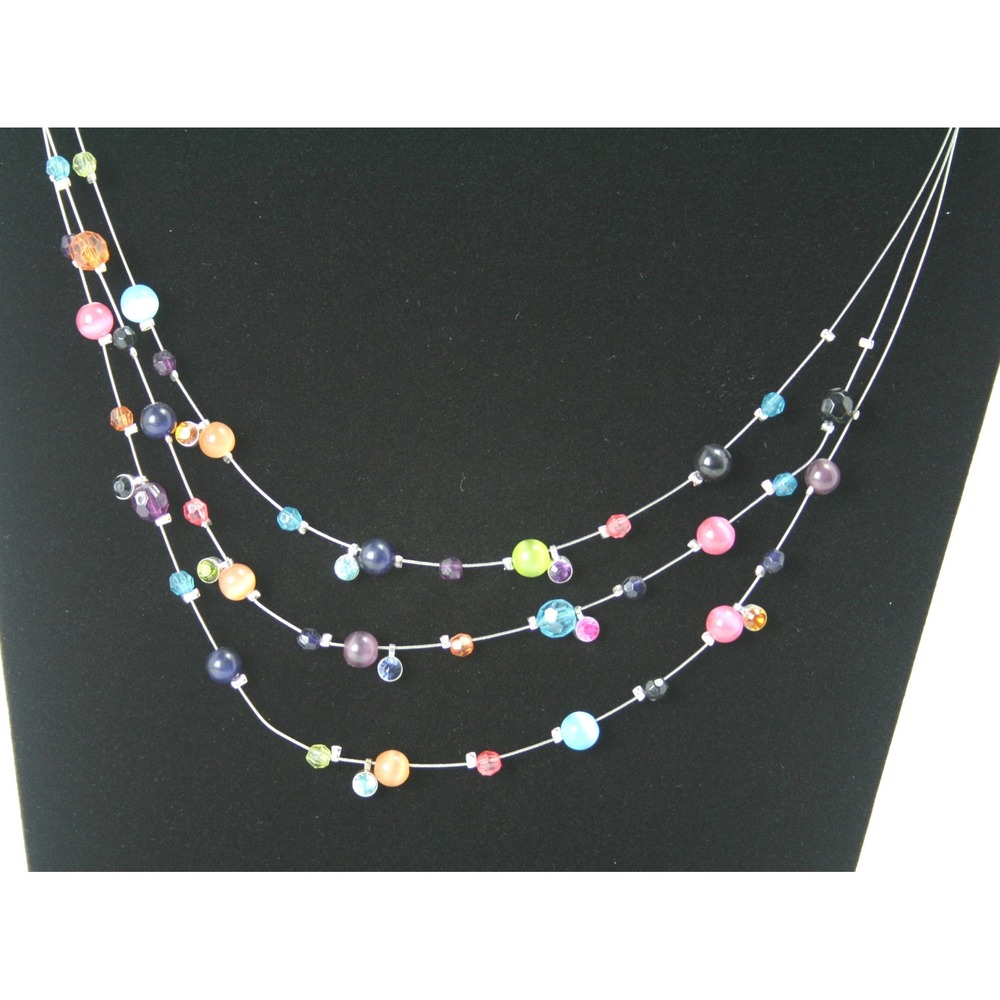 Multicolor Beaded Layered Illusion Necklace Silver Tone Floating Bead 19 Inch - Picture 2 of 3